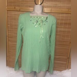 Vintage Womens Top large Green Floral Beaded Crochet Bow Fairy 90s Y2K shirt